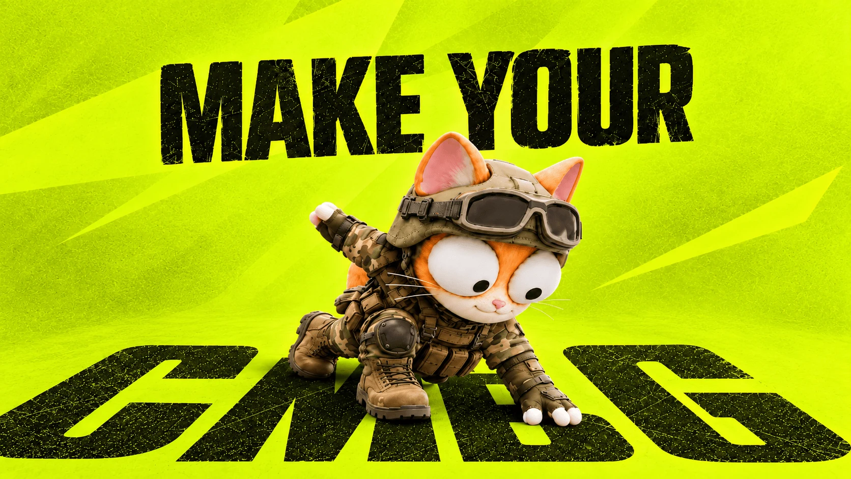 Army cat crouching on the CMBG letters under the words MAKE YOUR CMBG